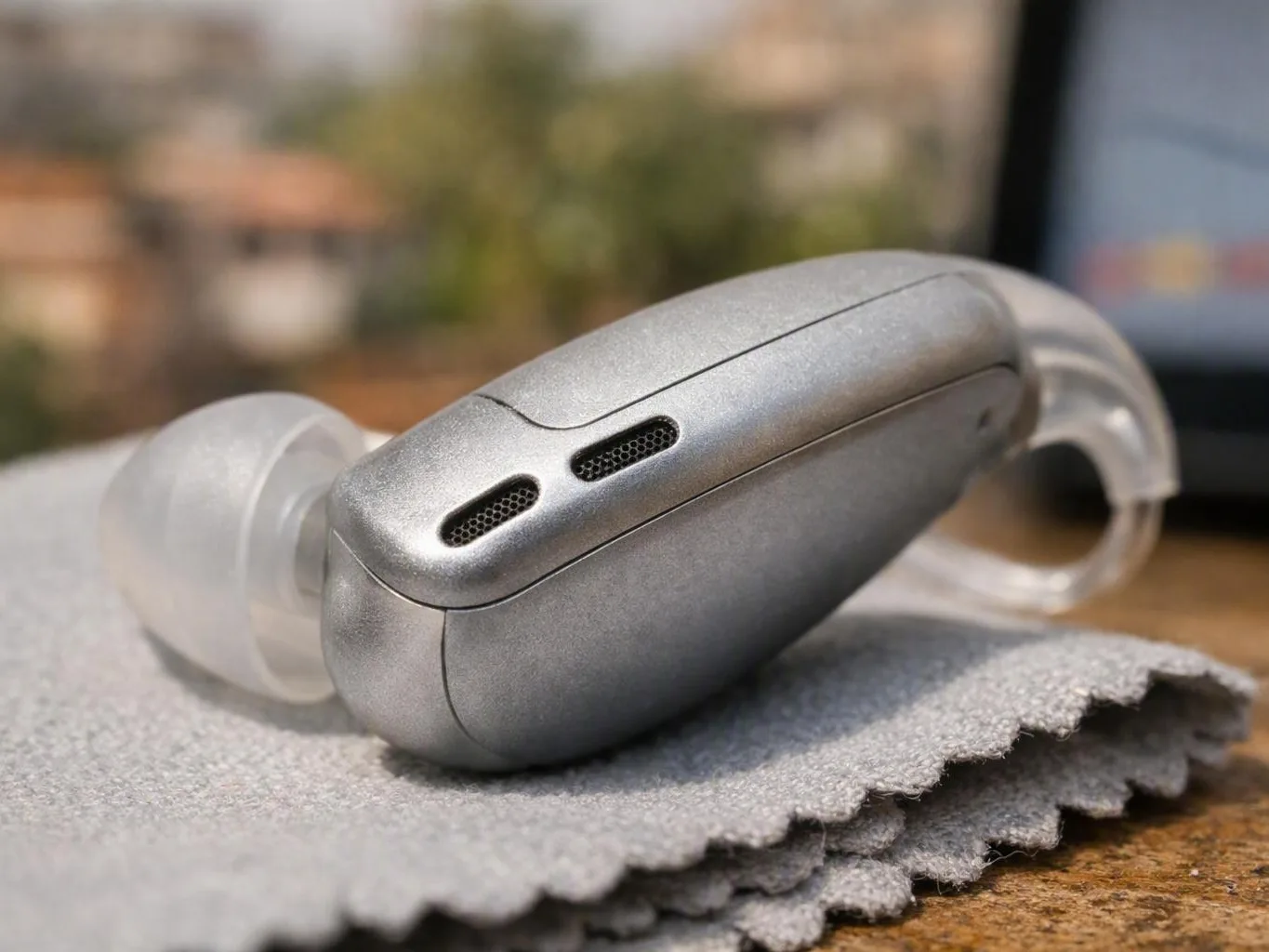 Silver hearing aid resting on gray cloth against a softly blurred indoor background