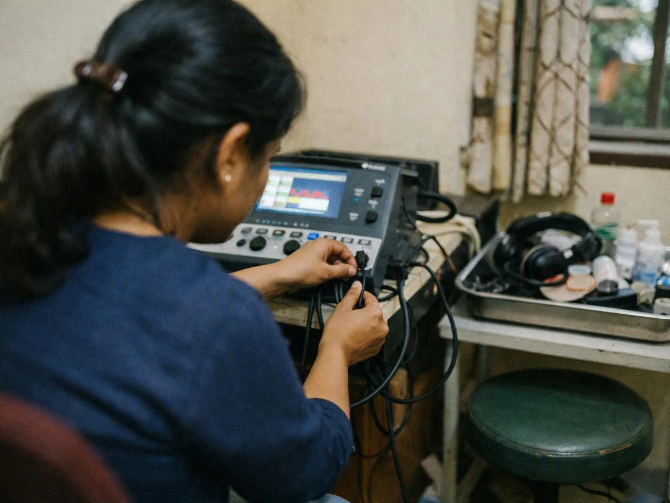 Woman adjusting cables on a medical device beside headphones and bottles in a