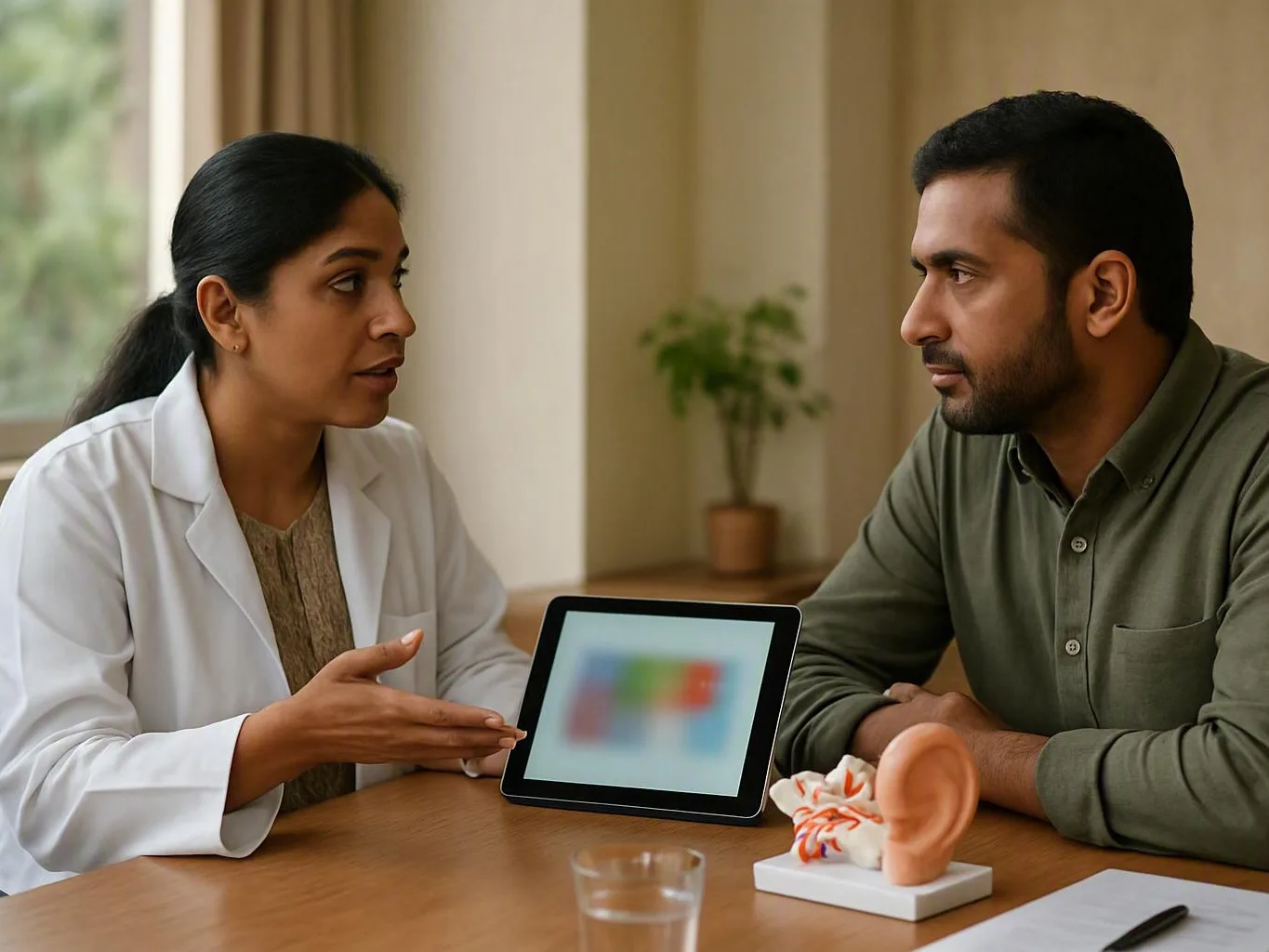 Doctor discusses hearing assessment results with a man beside an ear model and