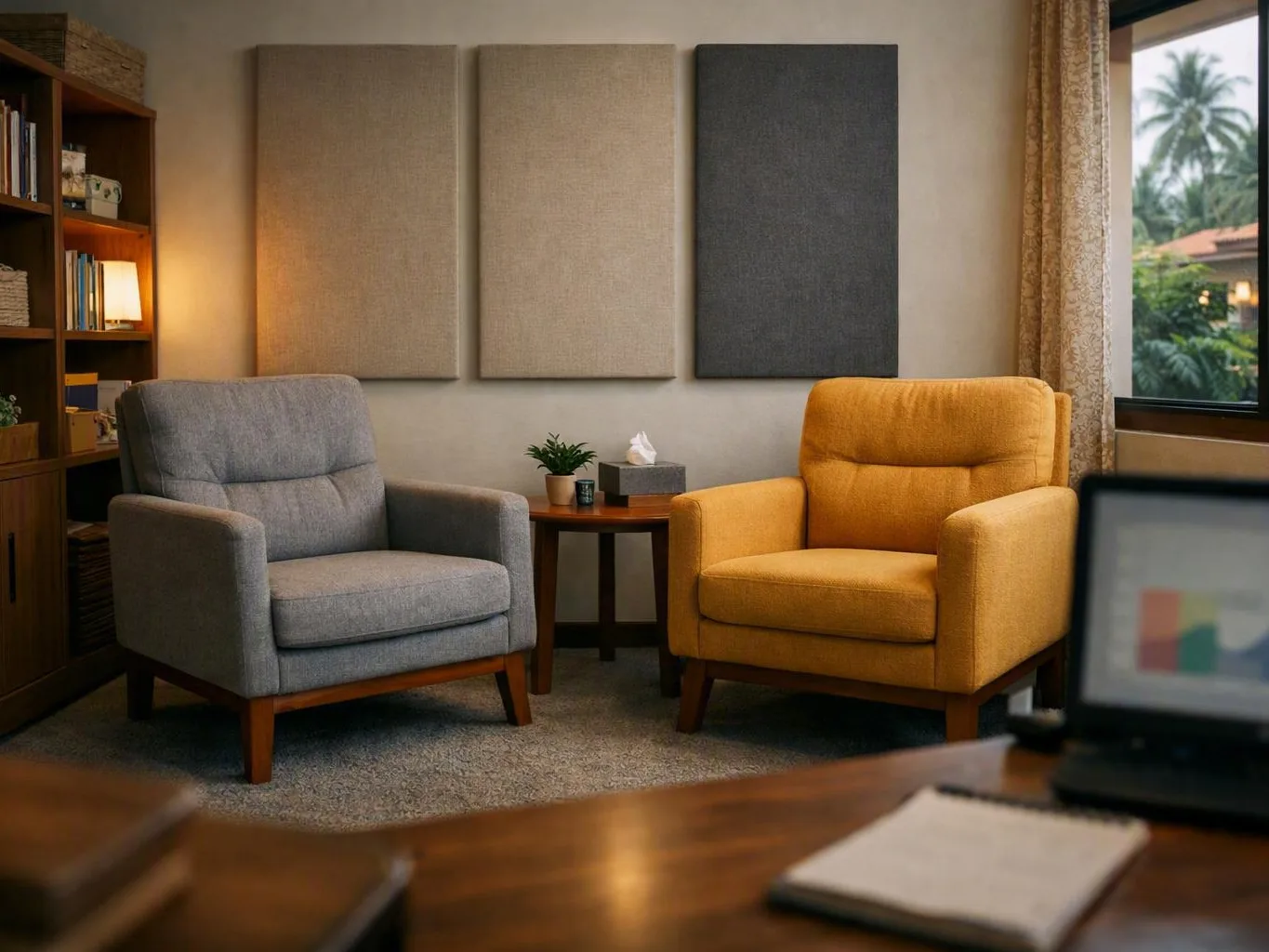 Cozy clinic seating area with two armchairs, side table, wall panels, and palm trees outside