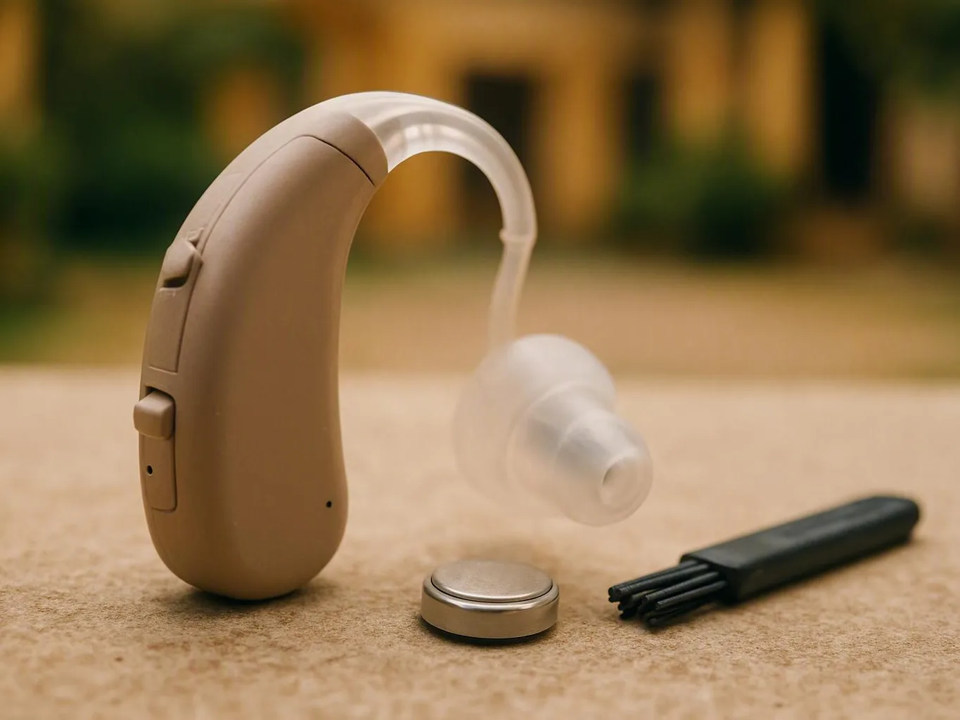 Beige behind-the-ear hearing aid beside a battery, clear ear tip, and cleaning