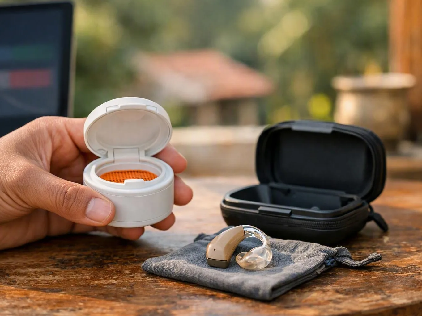 Hand holding an open white hearing aid case beside a black case and device