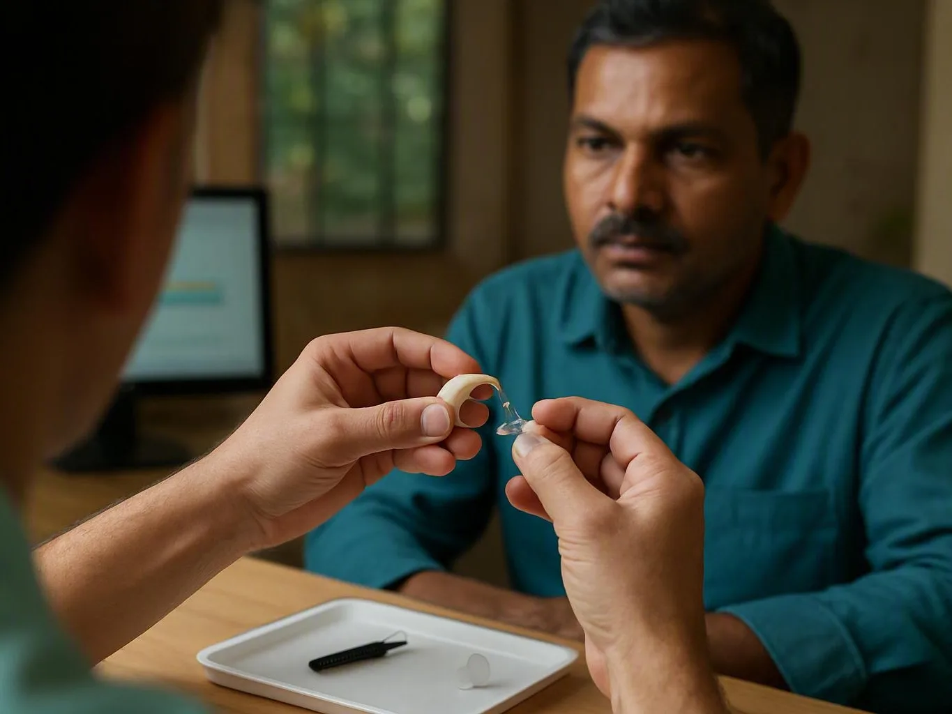 Man watches across a consultation table as hands hold a clear dental retainer