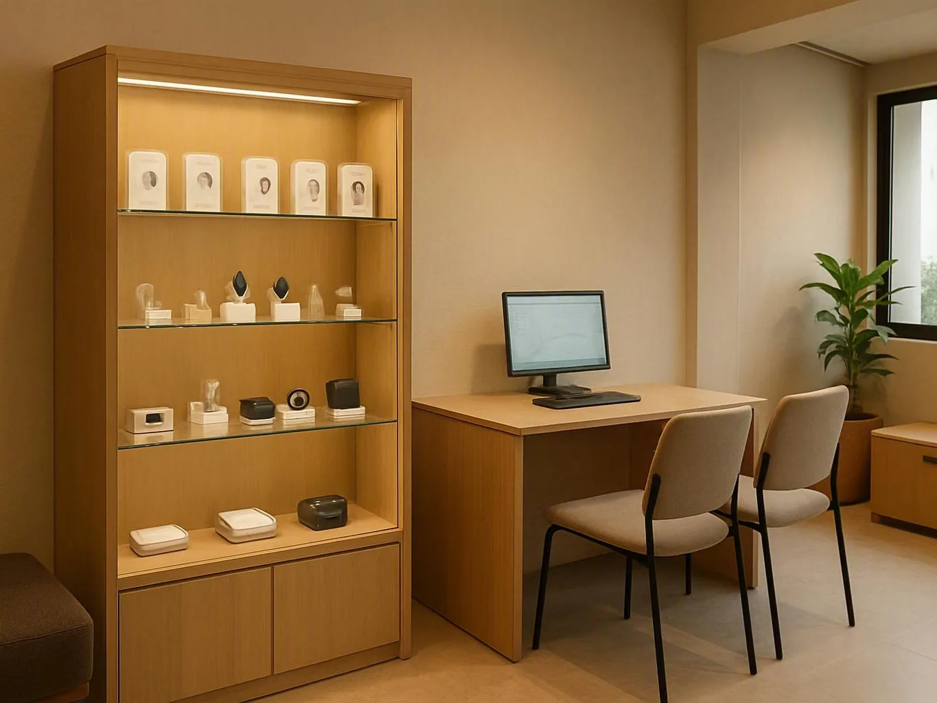 Tidy showroom displaying small product cases on shelves beside a desk and two