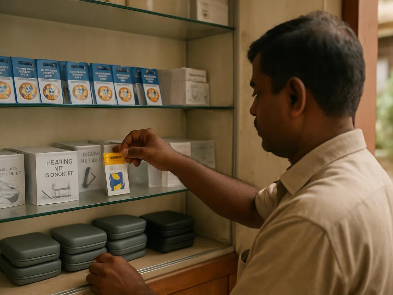 Man in a beige shirt arranges small product boxes inside a glass display case