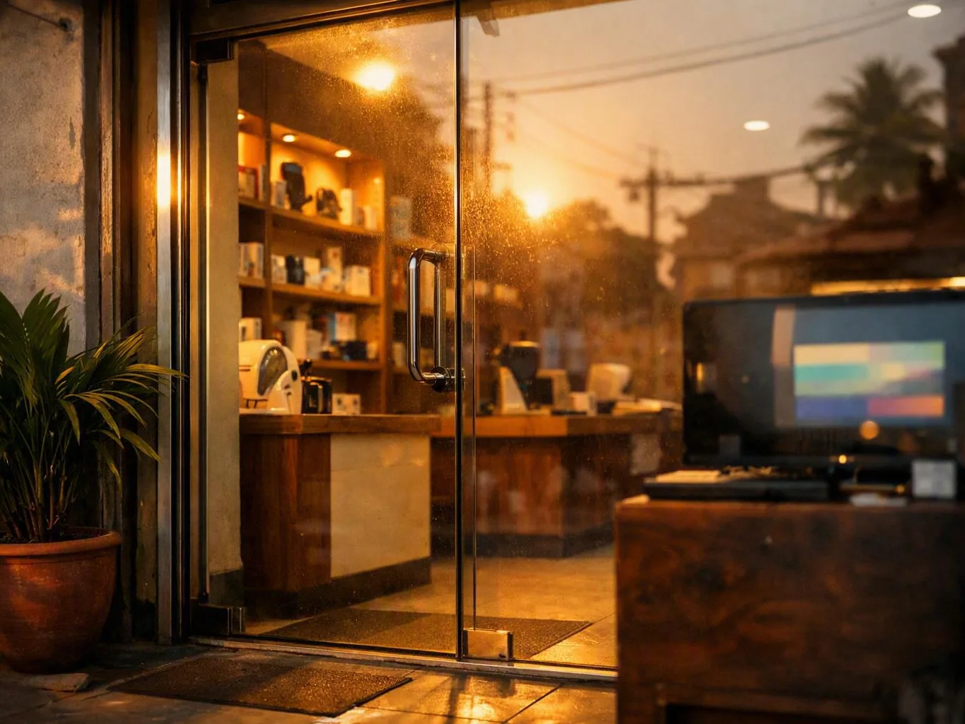 Glass entrance to a warmly lit shop with shelves, counter, and potted plant
