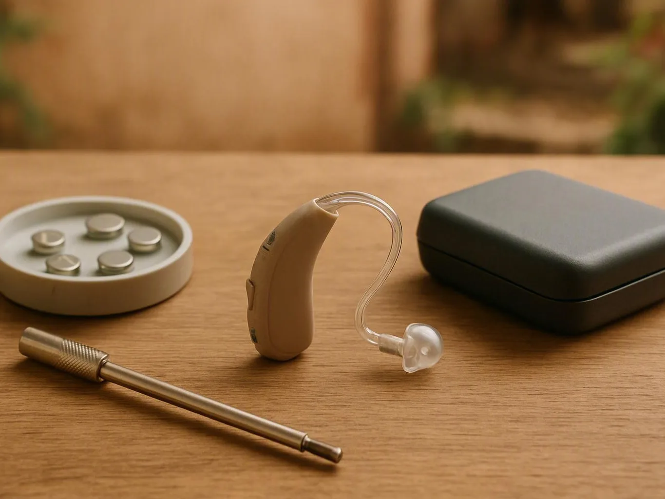 Adult trying a rechargeable hearing aid during consultation