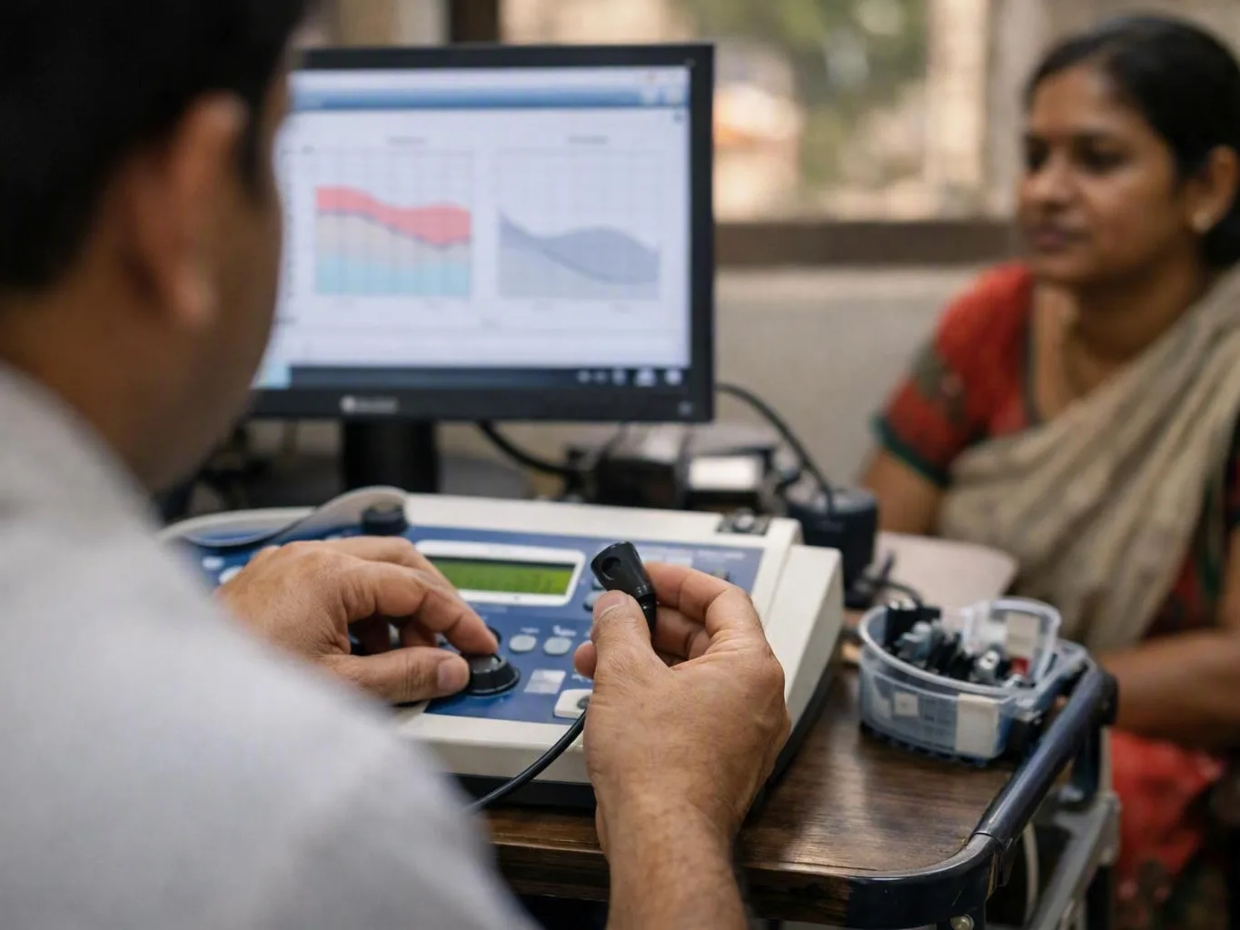 Man adjusts a medical device at a desk while a woman watches monitor graphs