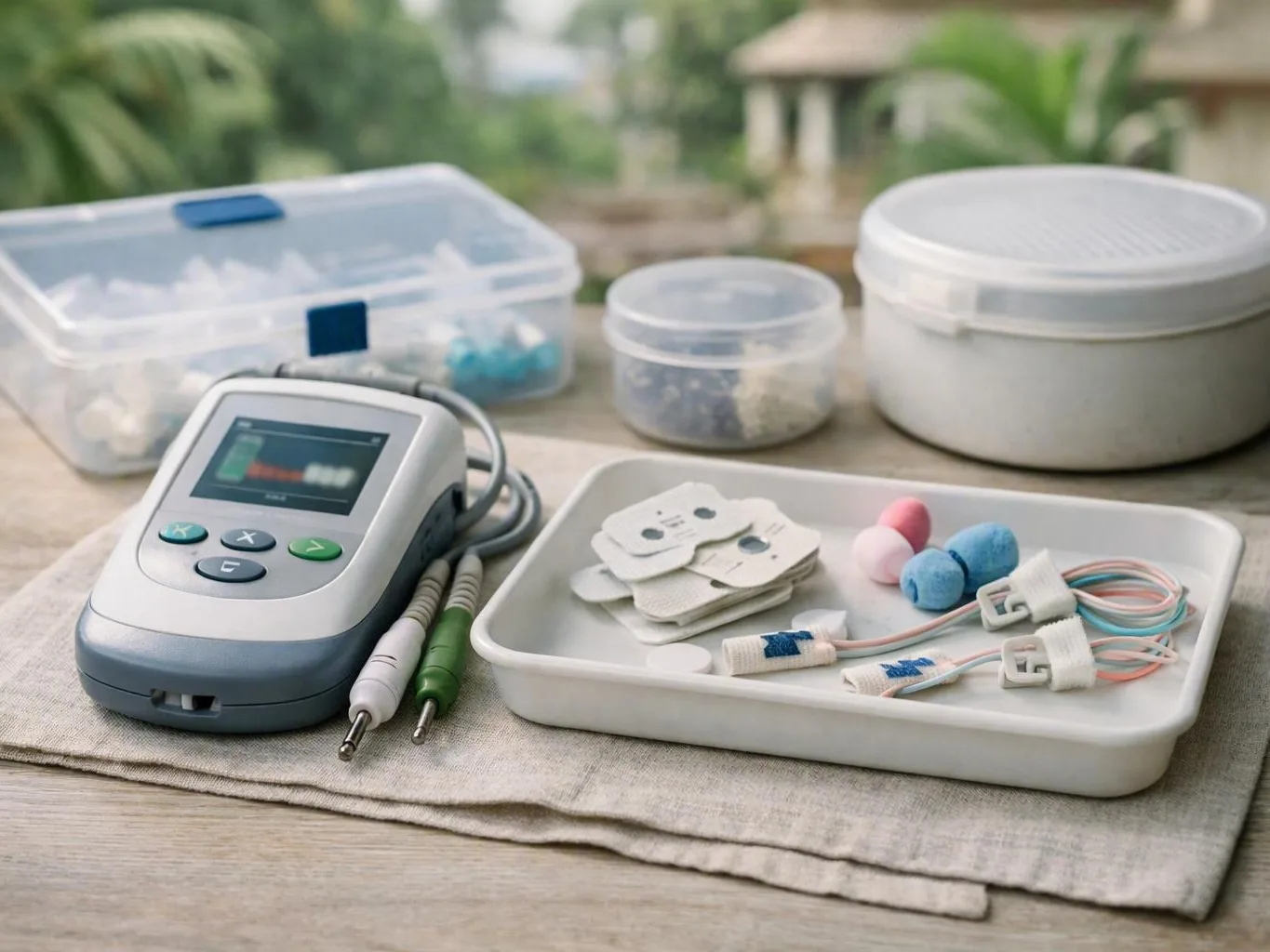 Medical stimulator beside electrode pads, wires, and storage containers on an