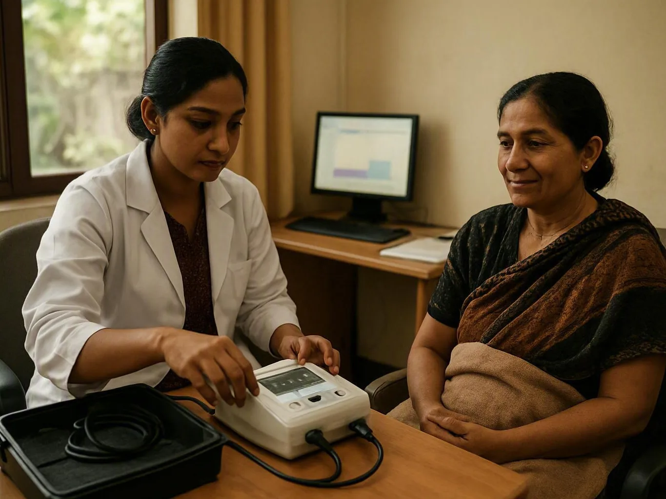 Clinician adjusts a medical device beside a woman in a small office