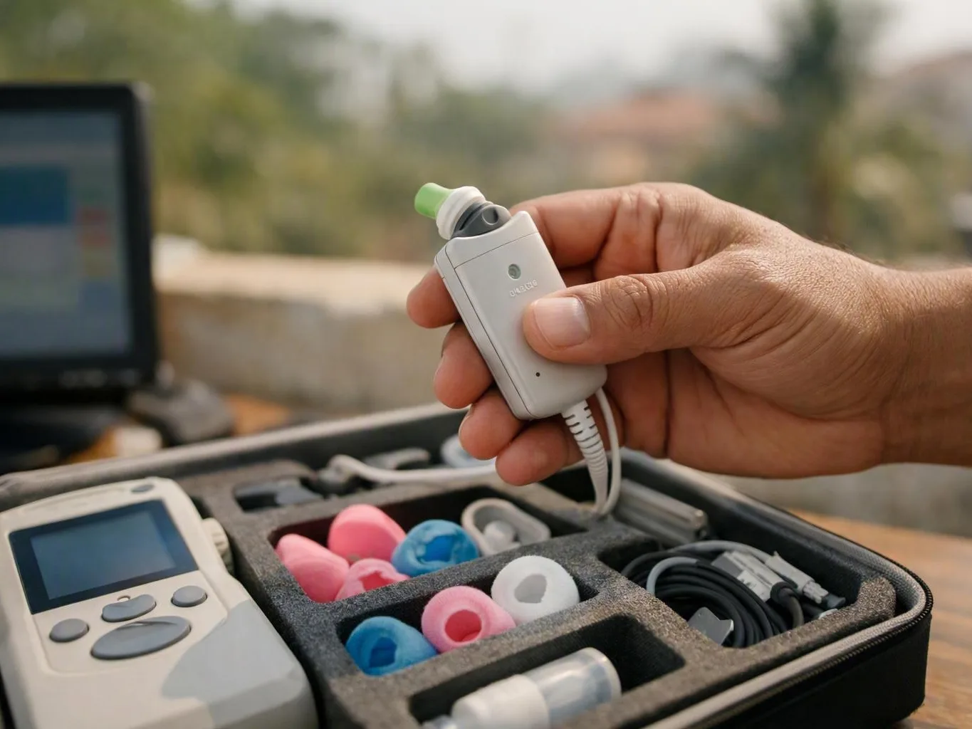 Hand holds a small hearing device above an open case with ear tips and
