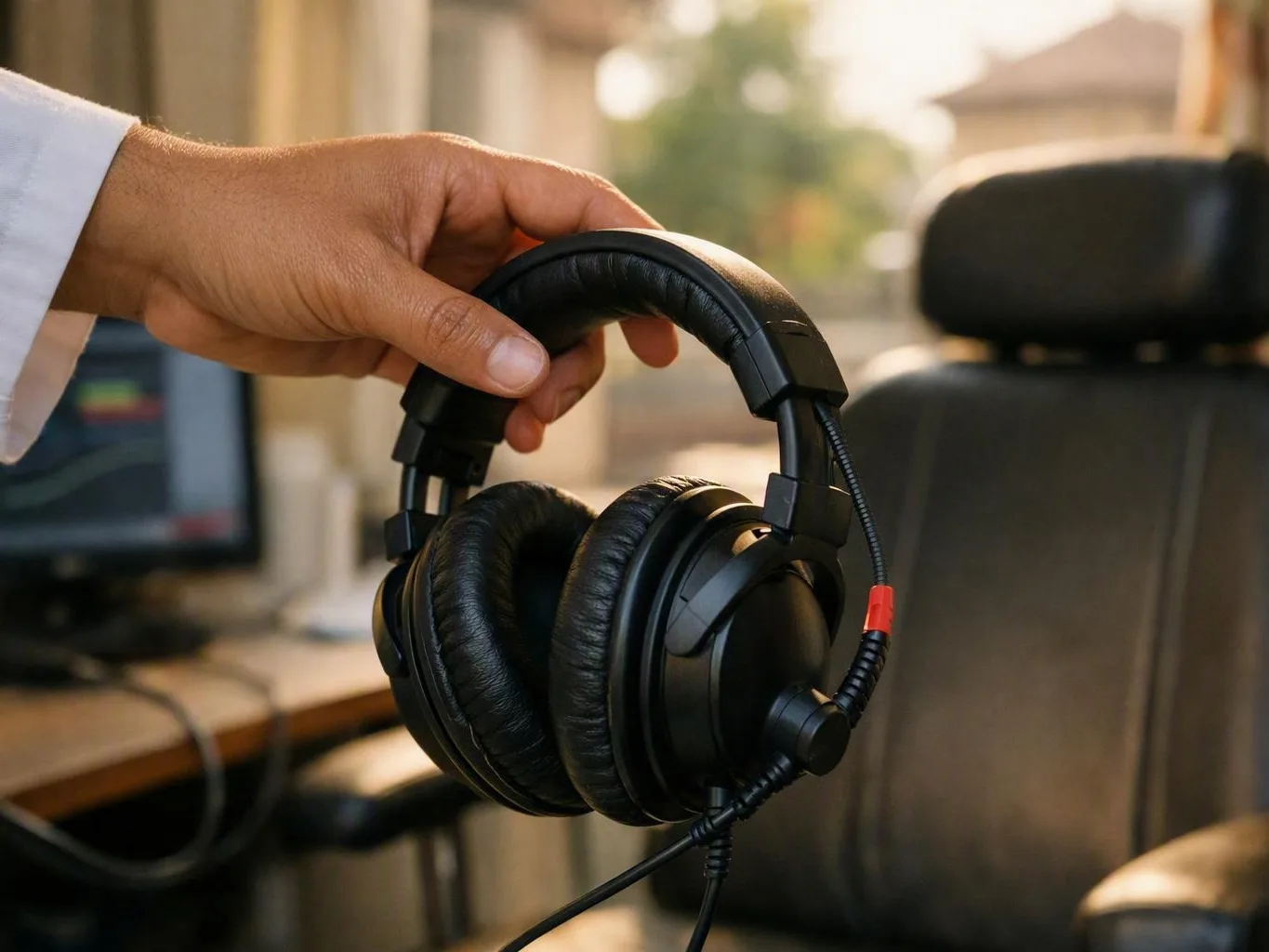 Hand holding black over-ear headphones above a chair in a softly lit office
