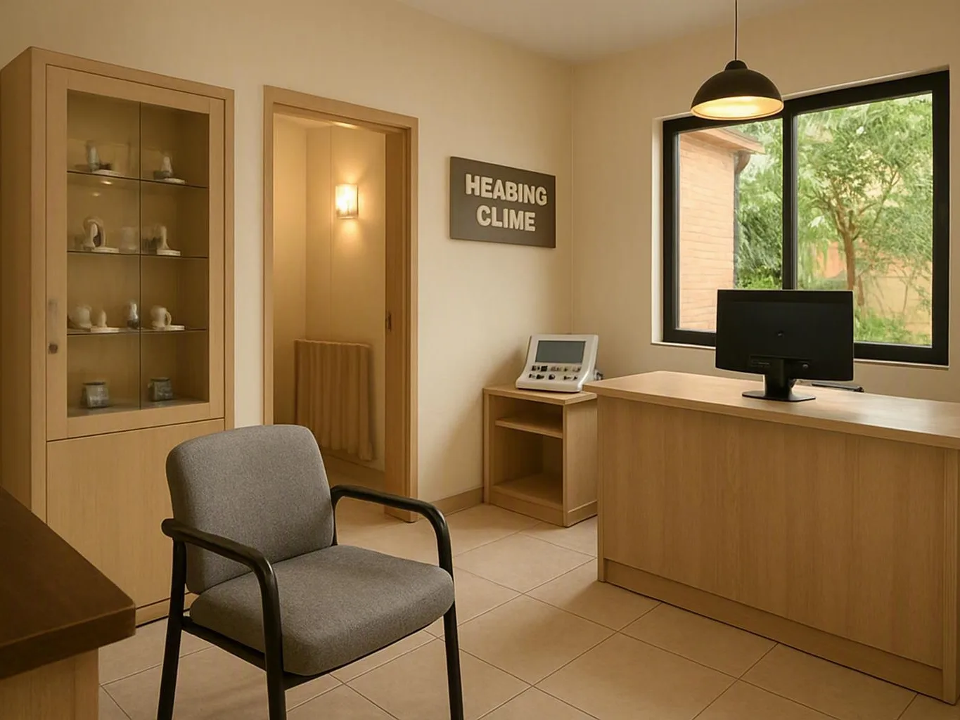 Small hearing clinic office with desk, chair, cabinet, window, and wall sign