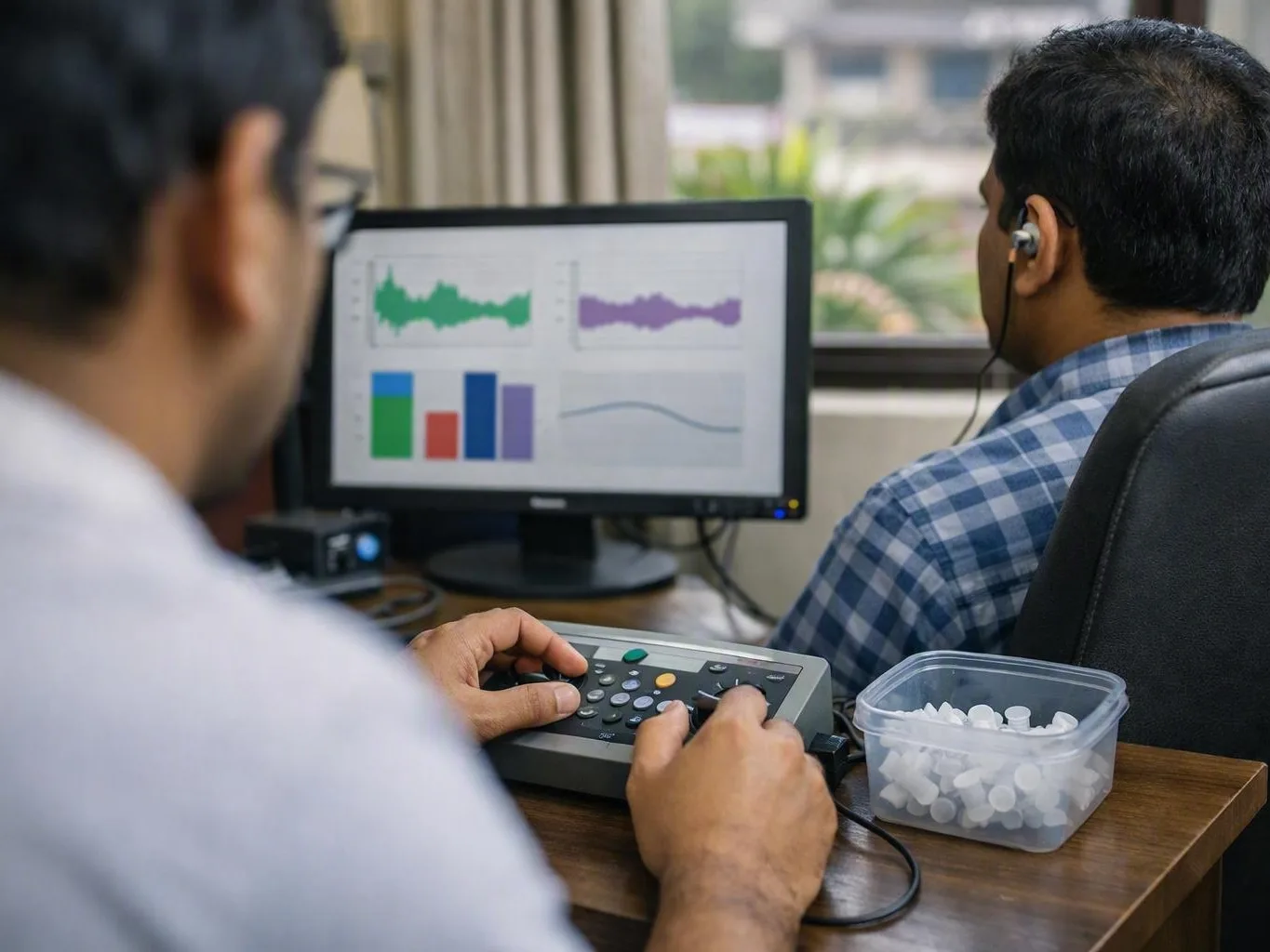 Two men reviewing colourful hearing charts while one operates a control pad at