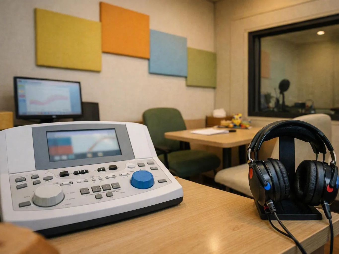 Audio control console and headphones arranged on a desk inside a small