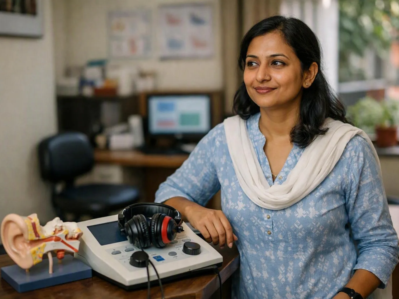 Woman standing beside a hearing test device with headphones and an ear model in