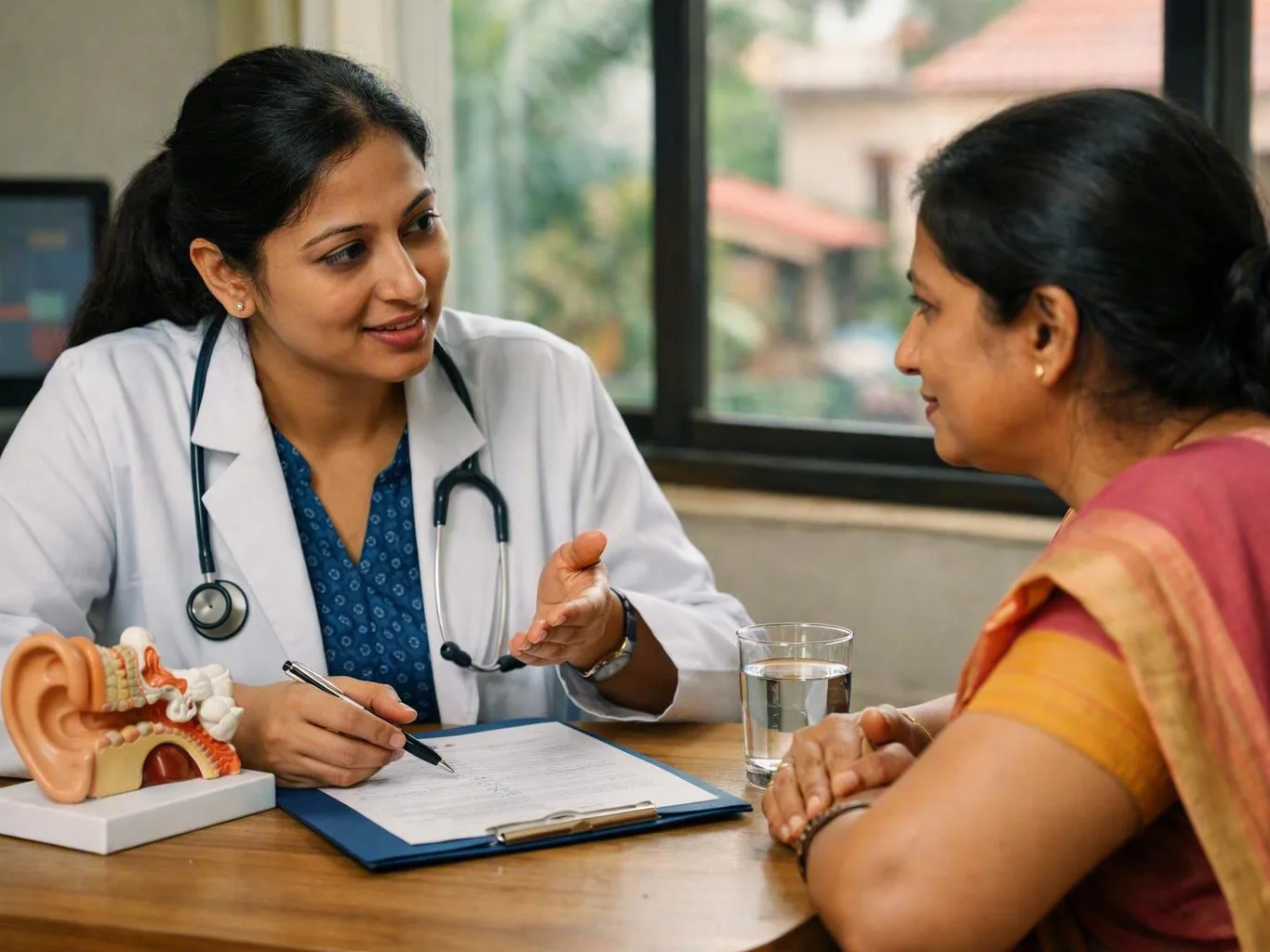 Doctor speaking with a woman across a clinic desk beside an ear model and water