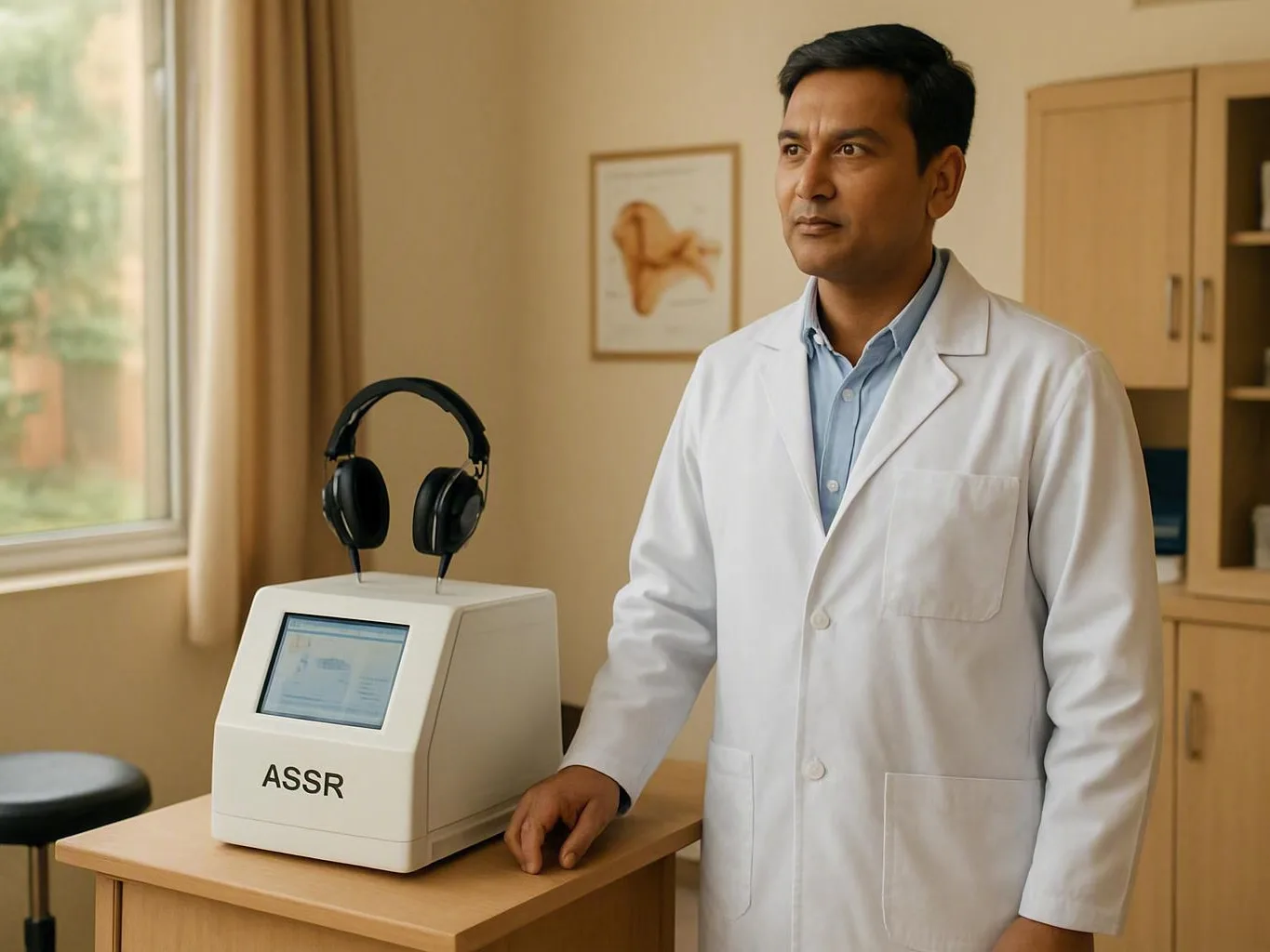 Clinician in a white coat beside hearing test equipment with headphones in a