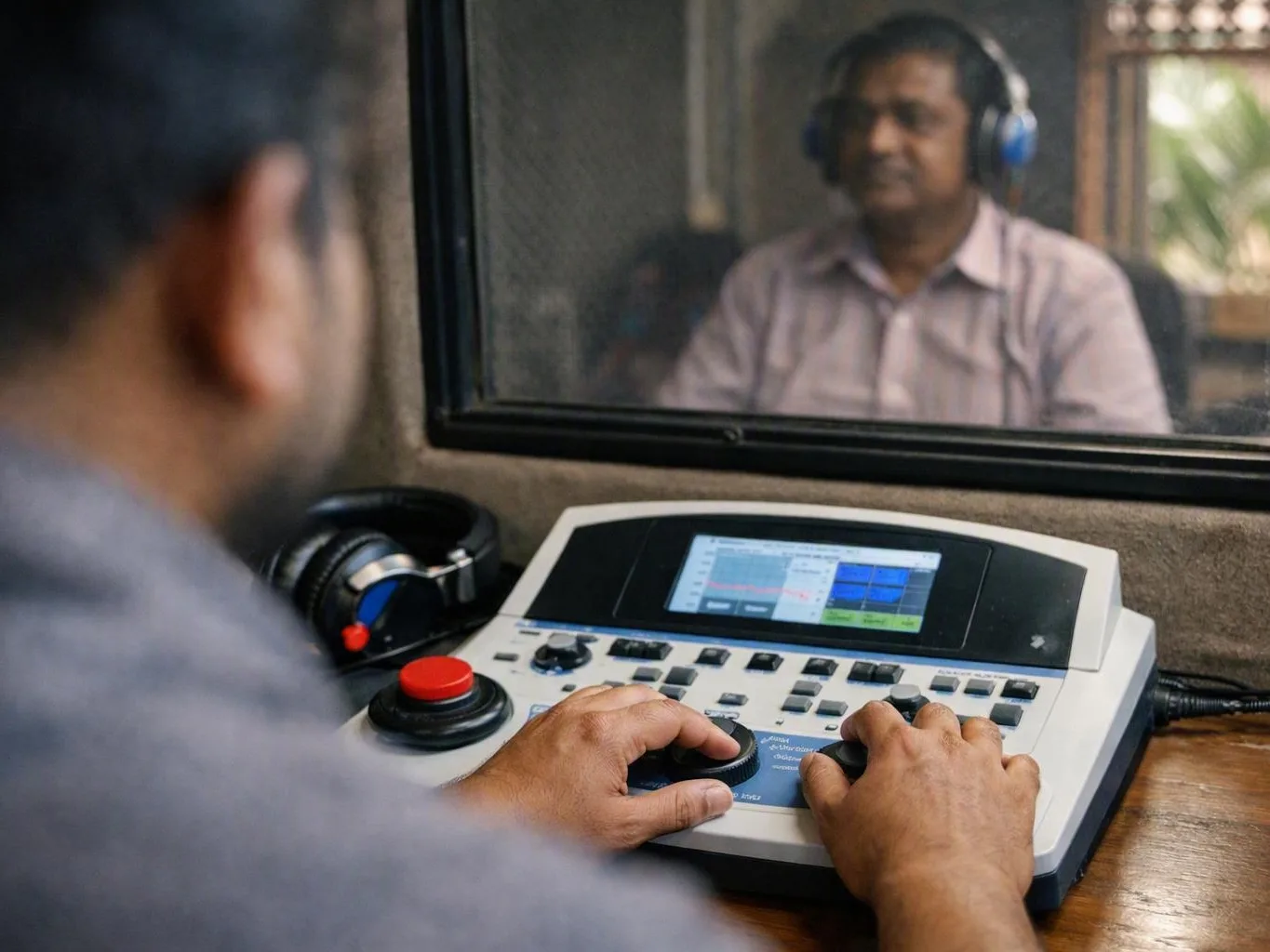 Man wearing headphones operates an audio control console inside a soundproof