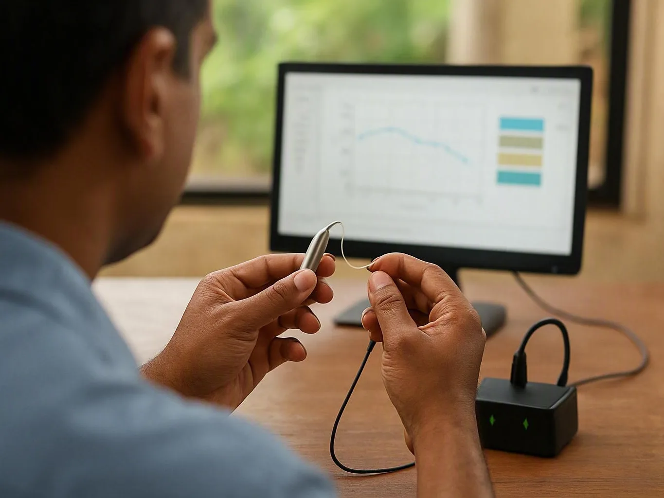 Man holds a wired earbud beside a desktop monitor on a wooden desk