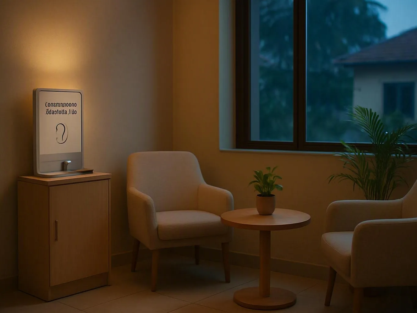Quiet clinic waiting room with two chairs, a small table, plant, and lit mirror