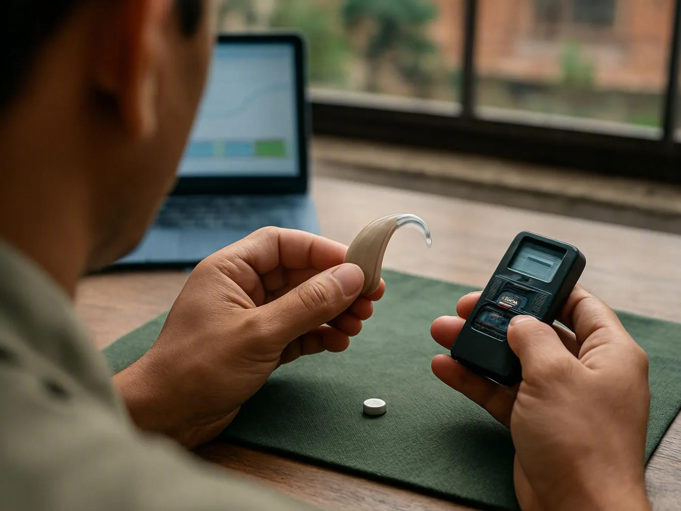 Person examines a hearing aid with a control device beside a laptop at a clinic