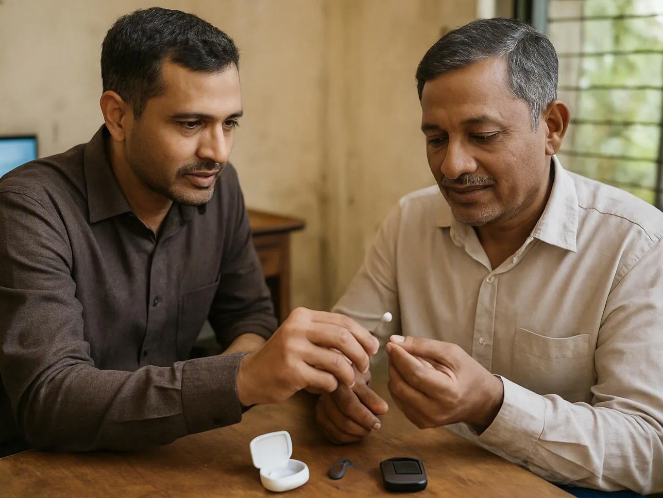 Two men examine a small earbud and open charging case at an indoor table
