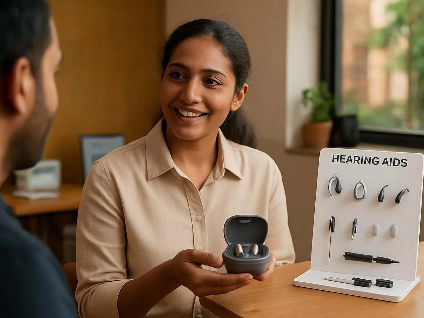Smiling woman displays a hearing aid case beside hearing aids in a clinic room