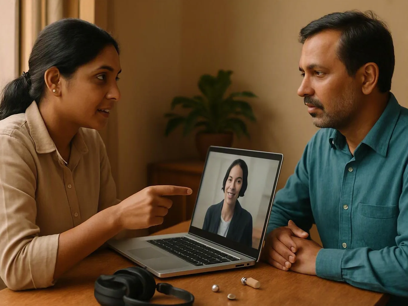 Two adults talk beside a laptop showing a video call, with headphones and small