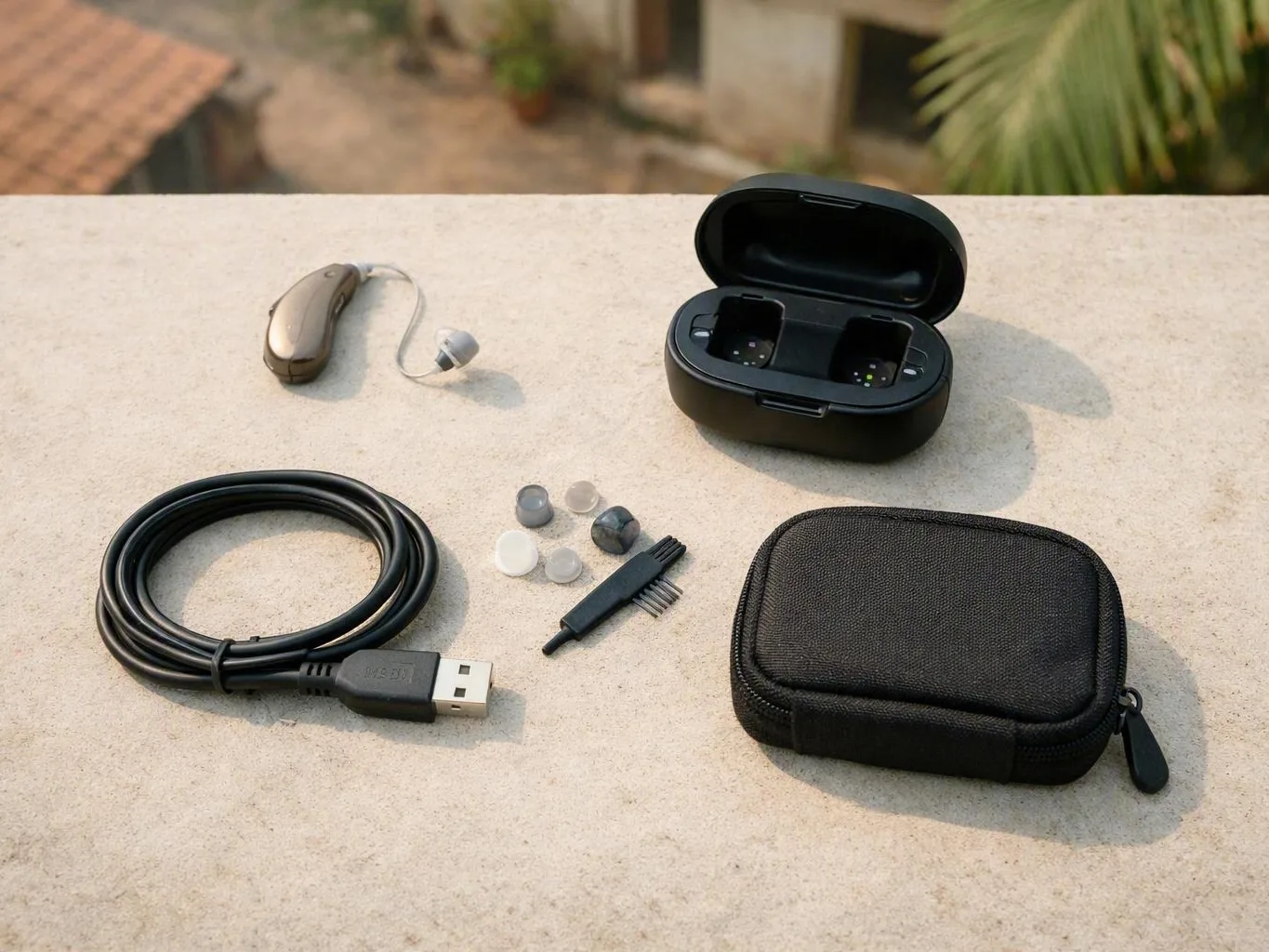 Wireless earbuds, charging case, USB cable, ear tips, and carrying pouch