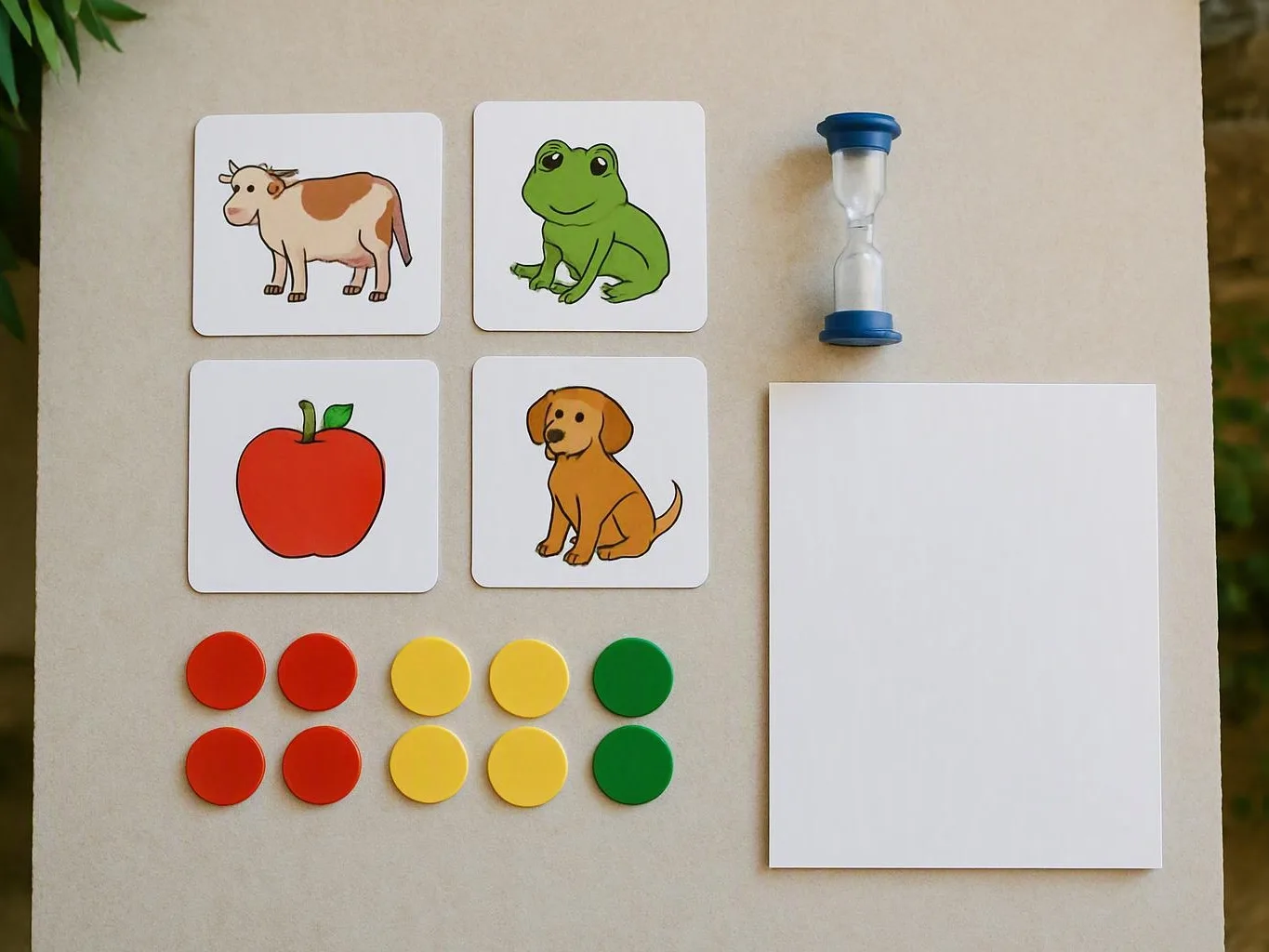 Tabletop with animal and apple cards, colored counters, an hourglass, and blank