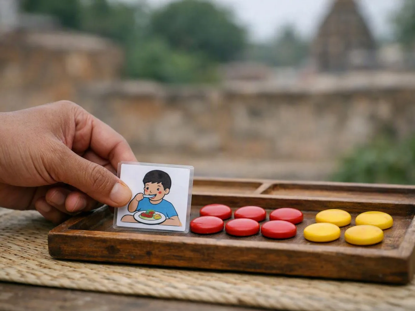 Hand holding a picture card beside red and yellow game tokens on a wooden tray