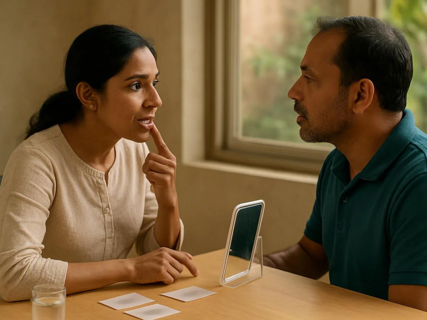 Woman and man talking at a table with a small mirror and picture cards