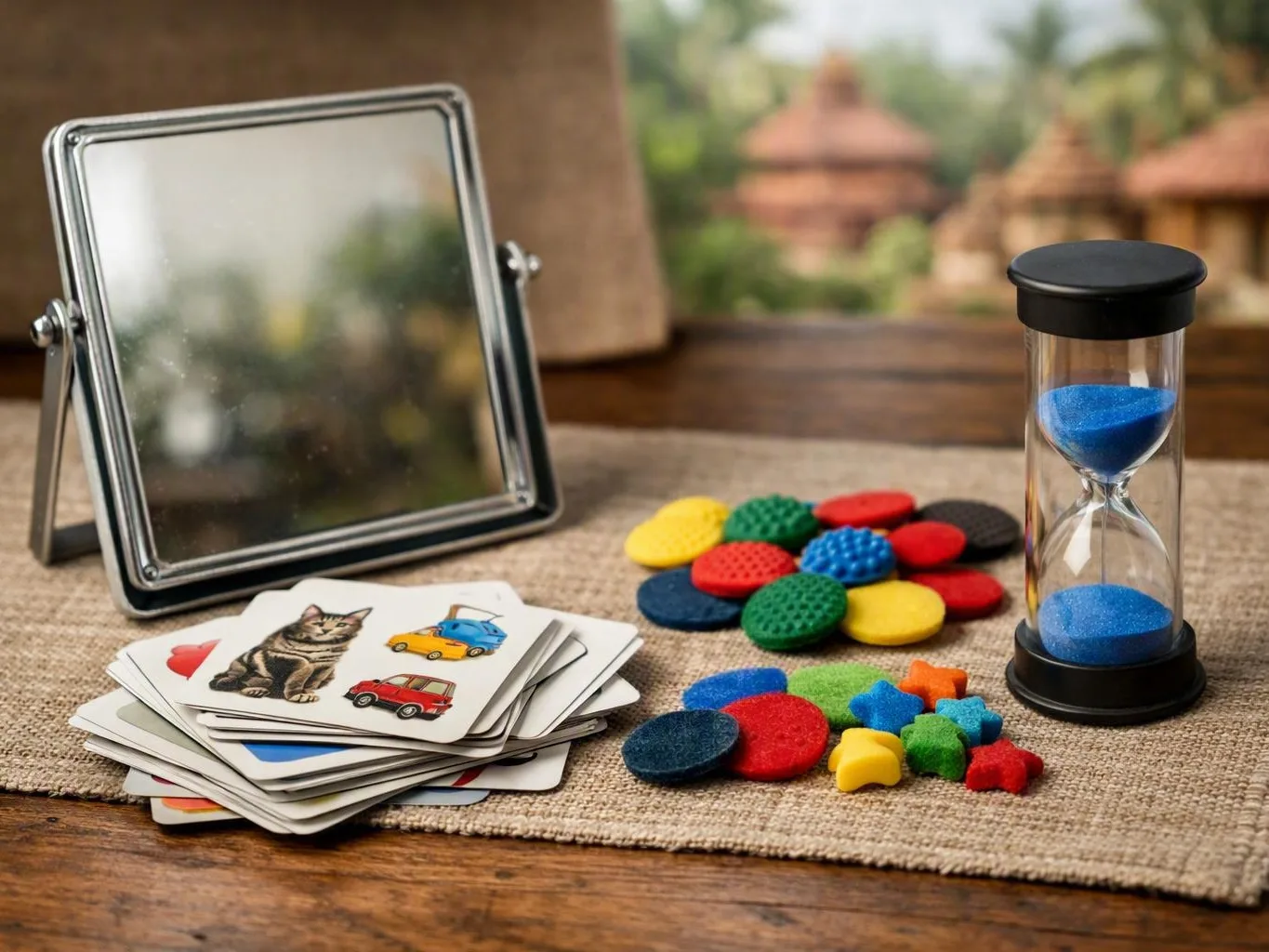 Tabletop with a mirror, picture cards, colourful game pieces, and a blue