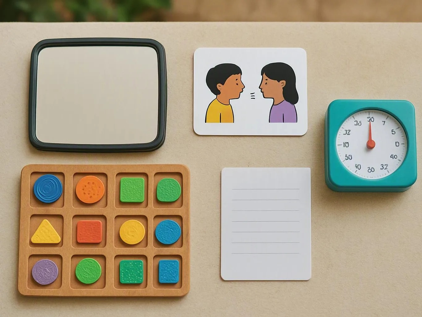Colourful learning toys and cards arranged on a beige tabletop