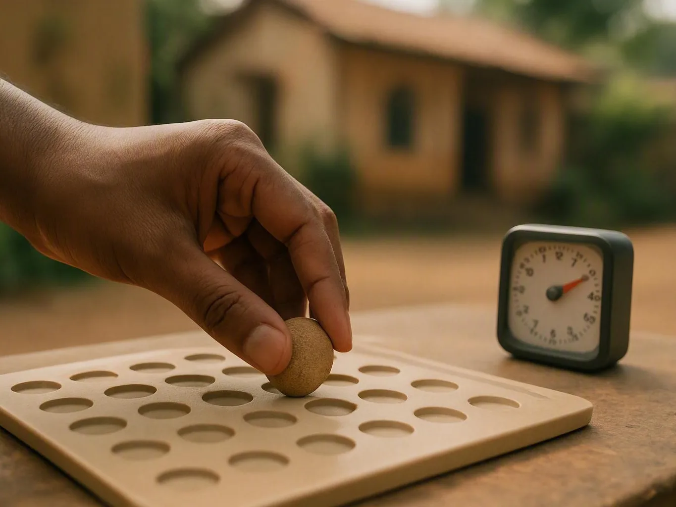Hand placing a small stone on a perforated board beside an analog timer