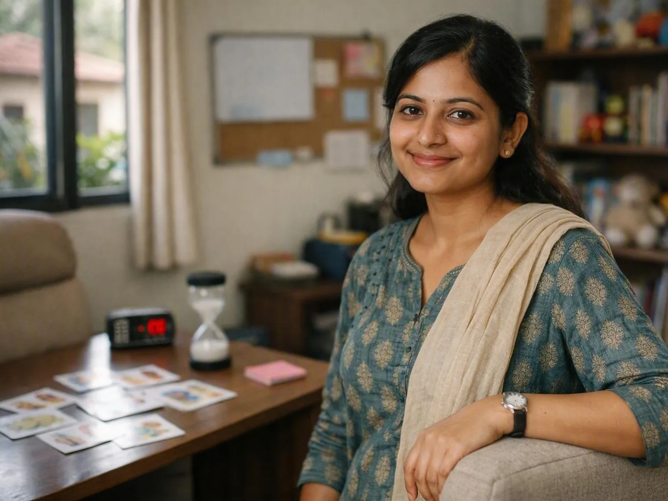 Smiling woman seated beside cards, an hourglass, and digital clock in a home