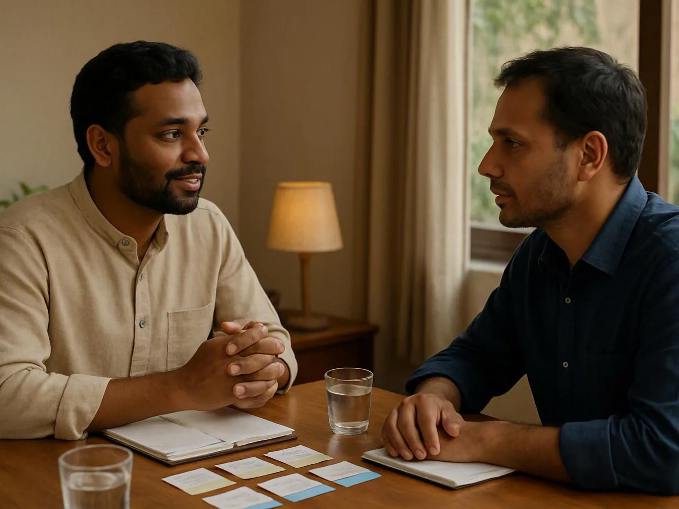 Two men talking across notebooks, cards, and glasses at a wooden table