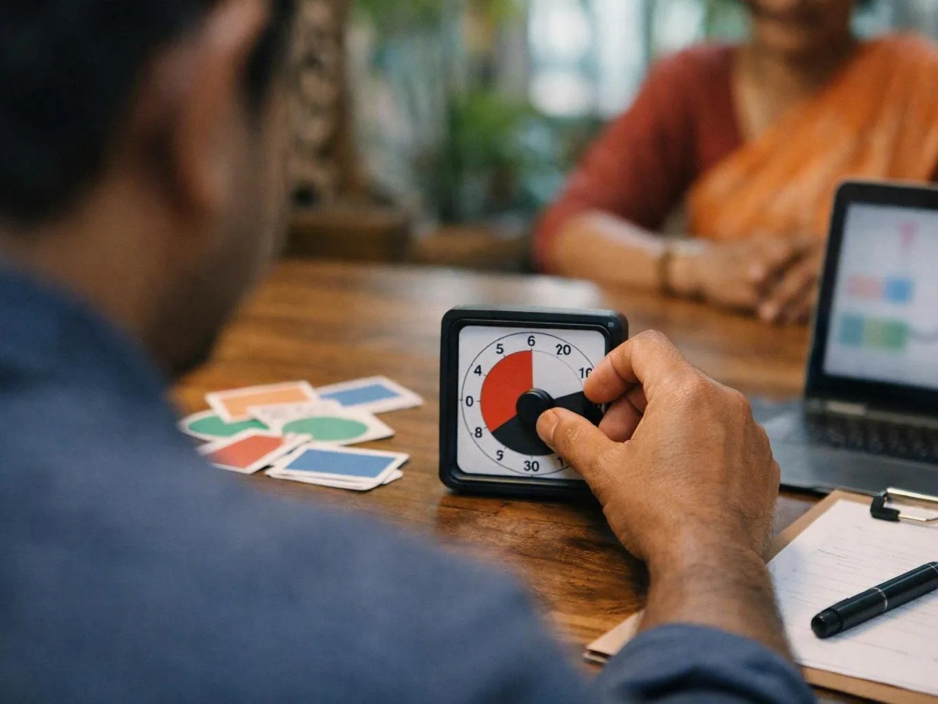 Person turning a timer during a board game with cards and laptop nearby