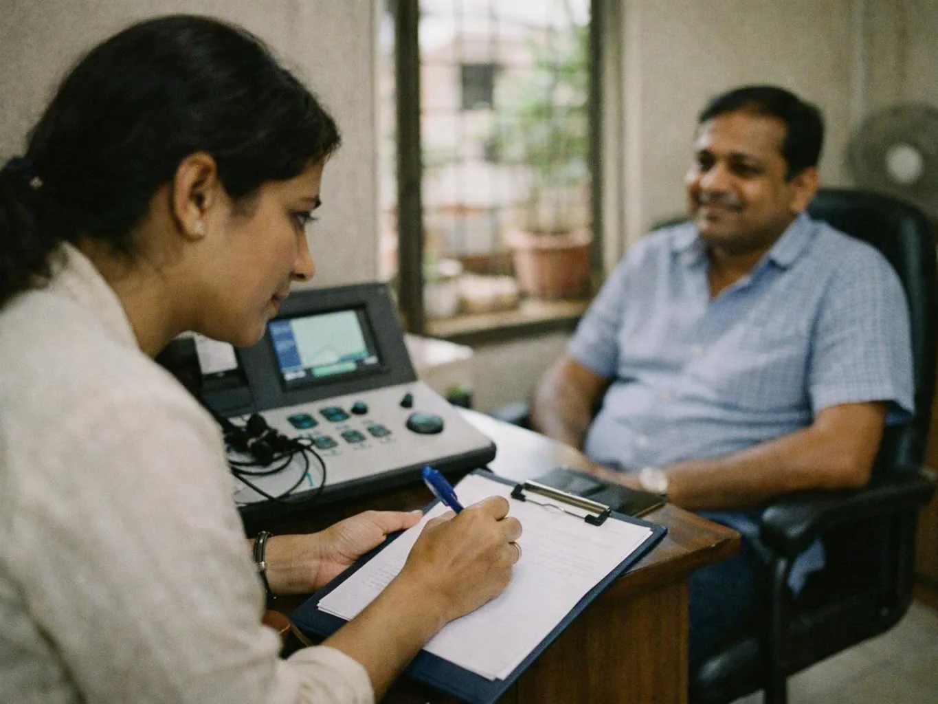 Woman writing consultation notes while a seated man discusses hearing concerns