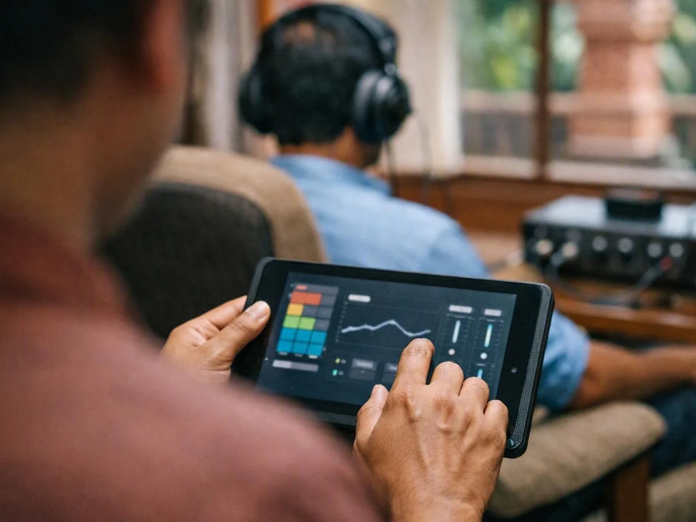 Person wearing headphones while another reviews hearing charts on a tablet at