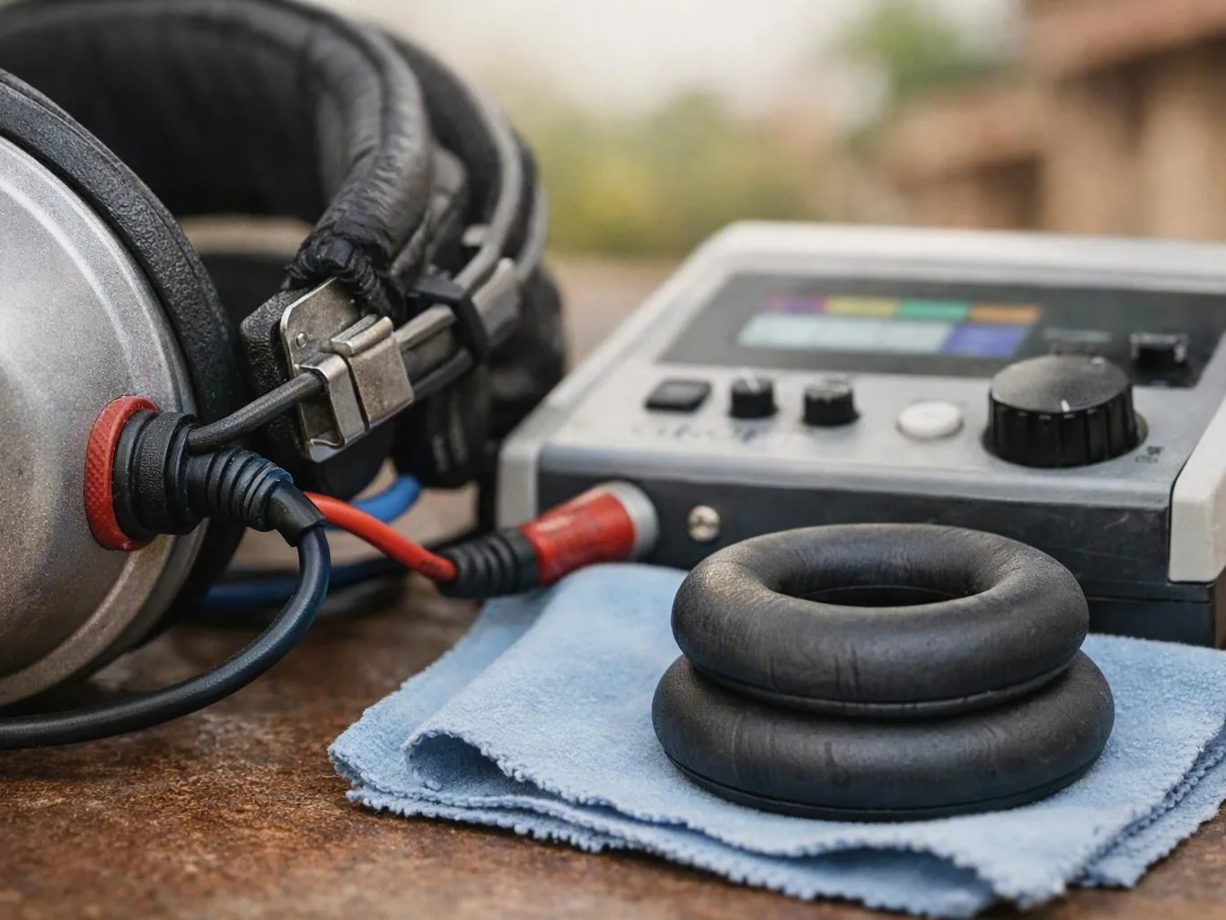 Headphones, audio control box, and ear pads arranged on blue cloth outdoors