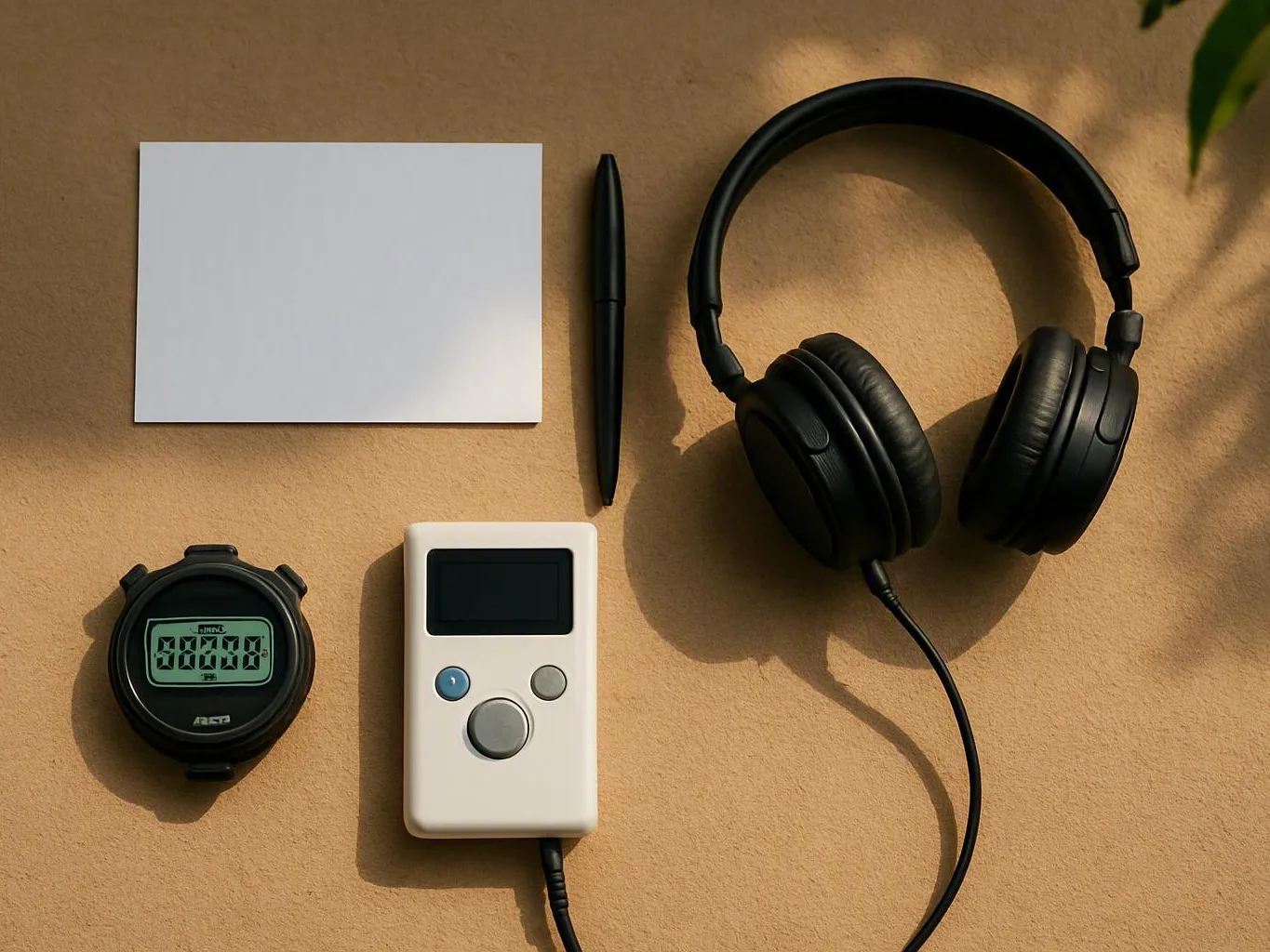 Hearing assessment materials including headphones, stopwatch, pen, blank card
