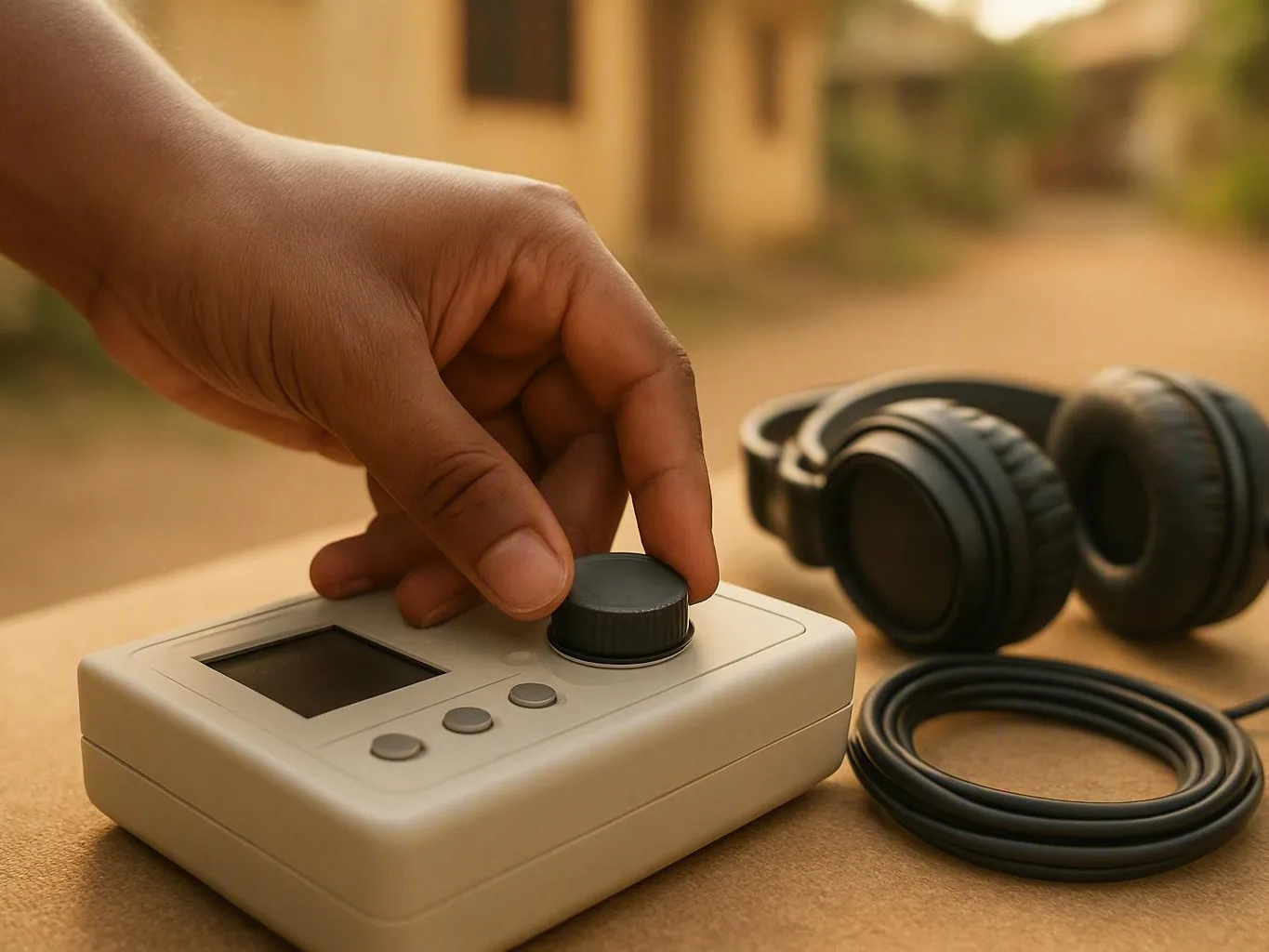 Hand turning a knob on a white control box beside headphones outdoors