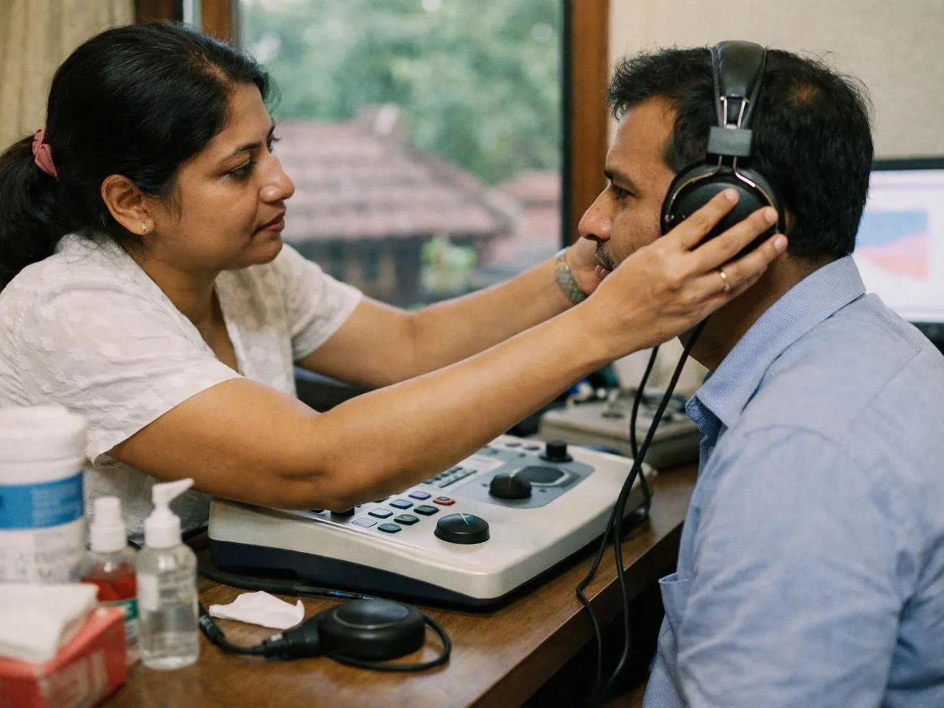 Woman adjusting headphones on a man seated beside audio testing equipment in a