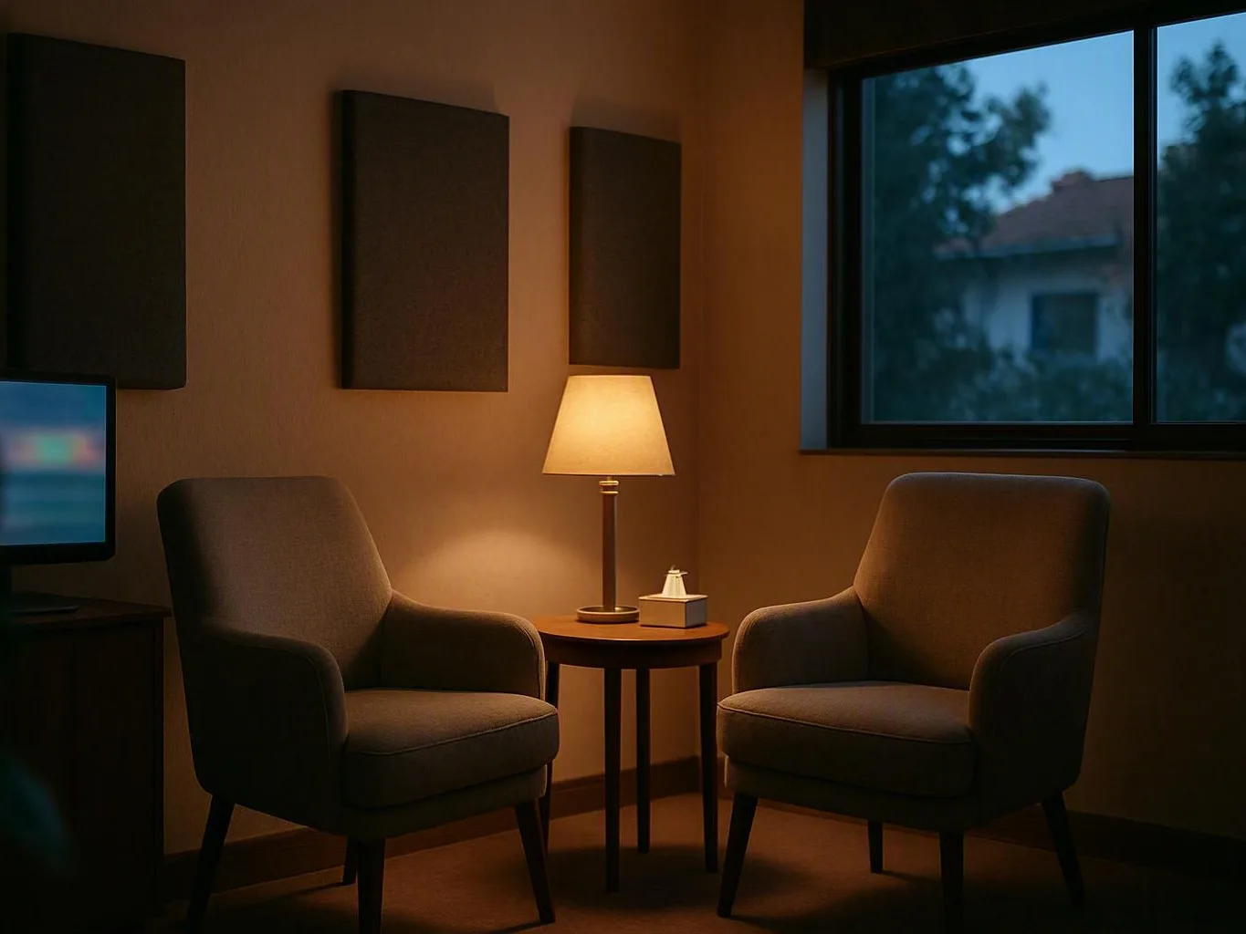Dim lounge with armchairs, table lamp, side table, and window at dusk