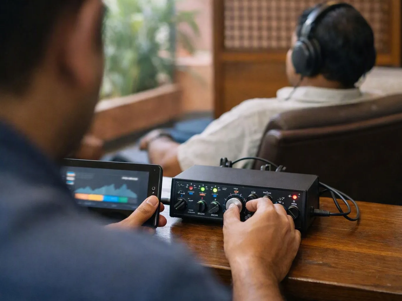 Person adjusts an audio control box while using a phone beside a