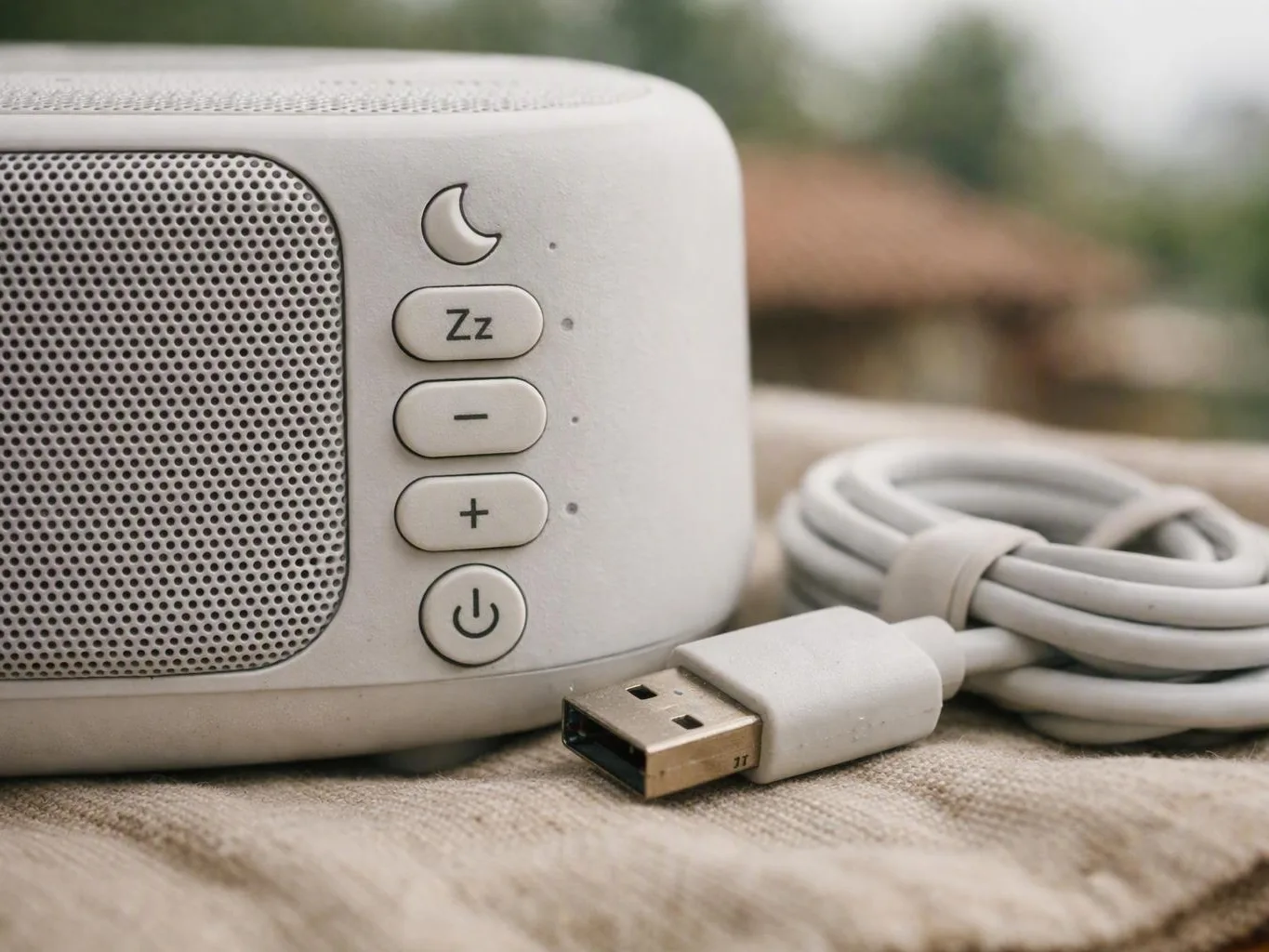 Compact white speaker and coiled USB cable resting on soft cloth outdoors