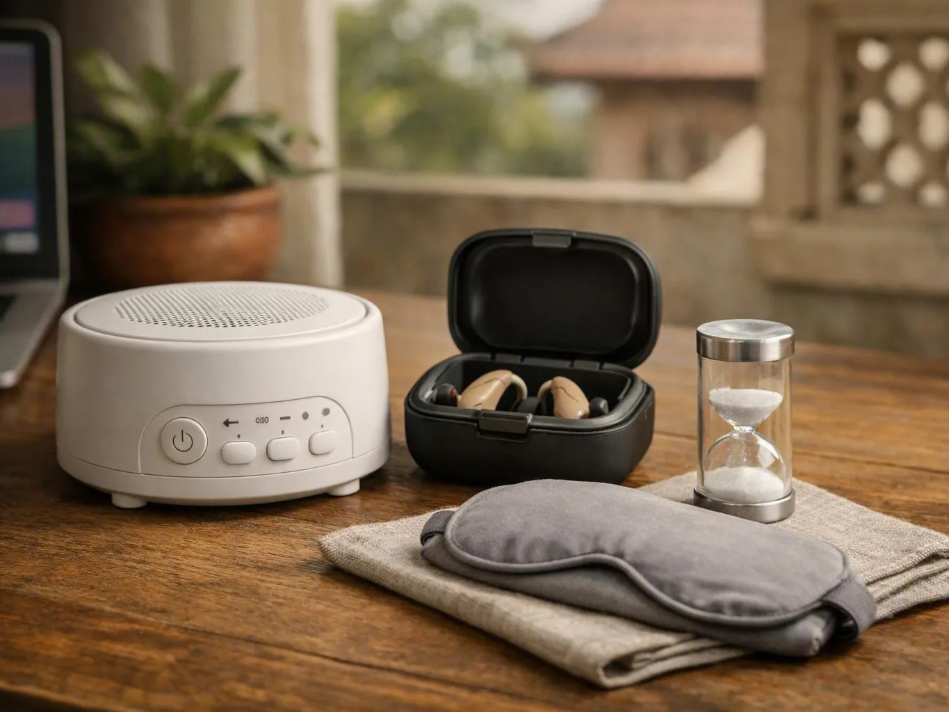 White speaker, open earbud case, hourglass, and sleep mask arranged beside a