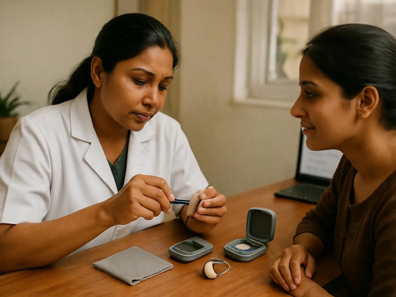 Clinician shows a woman a hearing device and case during an accessory selection